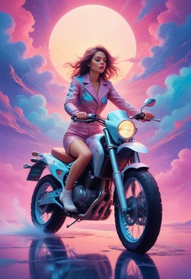 Woman riding motorcycle under pink sky