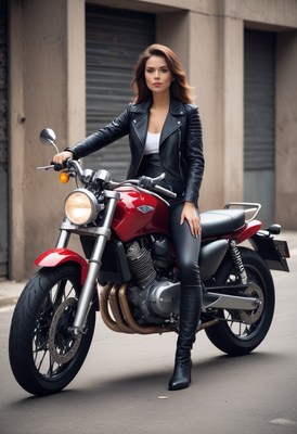 Woman on red motorcycle in city