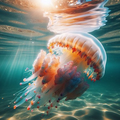 Jellyfish swimming in sunlight