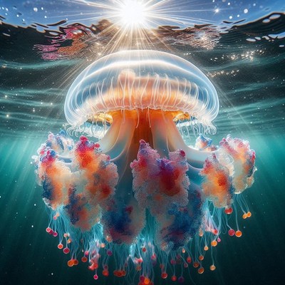 Colorful jellyfish in sunlit ocean