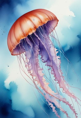Watercolor jellyfish in blue ocean