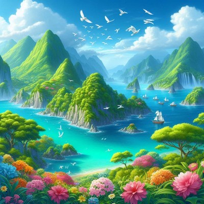 Tropical island seascape with sailboats