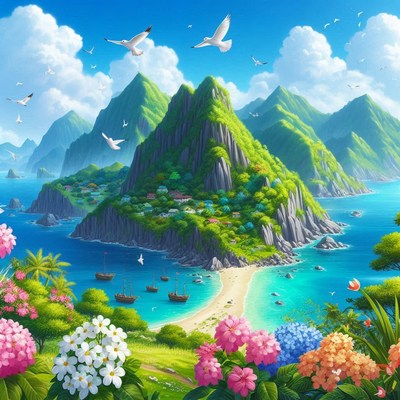 Tropical island cove with boats