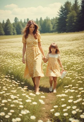 Mother and daughter walking in daisies