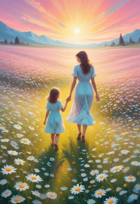 Mother and daughter walking in daisy field at sunset
