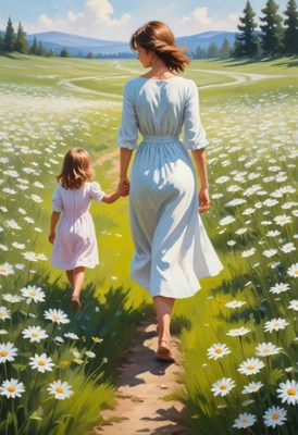 Woman and daughter walk through field