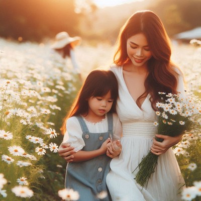 Mother and daughter walking through field of flowers