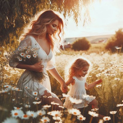 Mother and daughter walking in daisy field