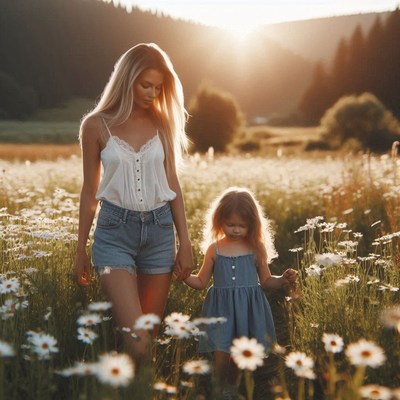 Mother and daughter walk through field of daisies