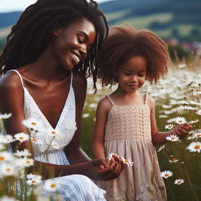 Mother and daughter picking daisies