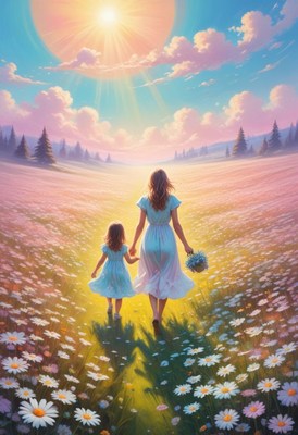 Mother and daughter walking through field