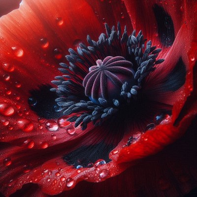 Red poppy with dewdrops close-up