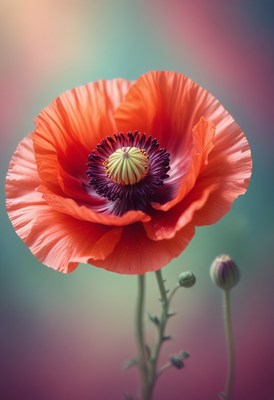 Single red poppy with bud