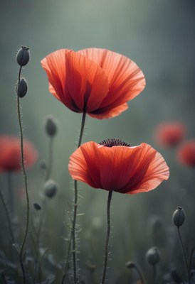 Two red poppies in a field