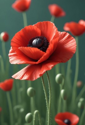 Red poppy blooming in field