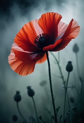Red poppy in foggy field