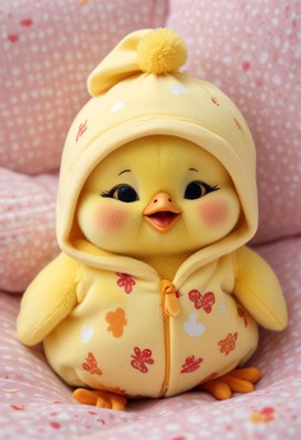 Yellow chick plush toy in hoodie