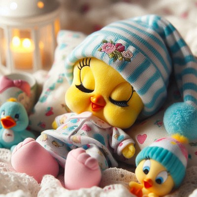 Tweety bird plush toy sleeping in pajamas