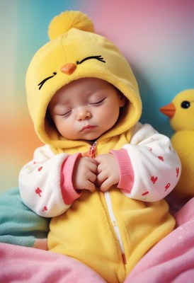 Baby sleeping in chick costume