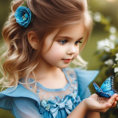Little girl holding blue butterfly