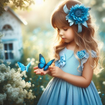 Girl with butterfly in garden