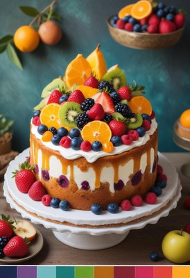 Fruit-topped cake on white stand