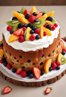Fruit cake on wooden stand