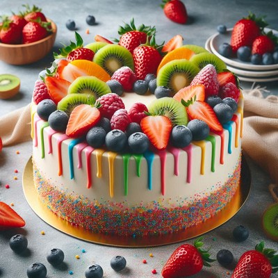 Fruit-topped cake with rainbow drizzle