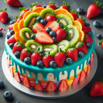 Fruit-topped cake with blue drizzle