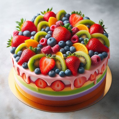 Fruit-topped rainbow cake