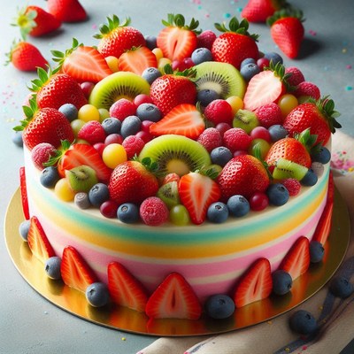 Rainbow cake with fresh fruit