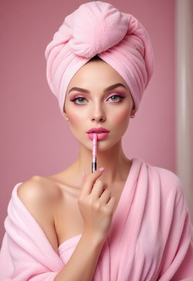 Woman applying lip color in pink robe