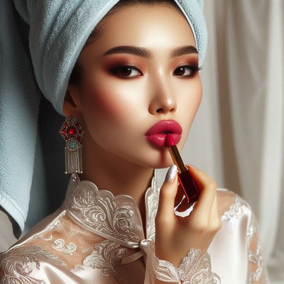 Woman applying lipstick after shower