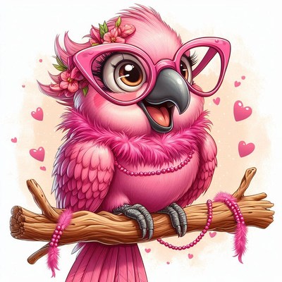 Pink parrot with glasses on a branch