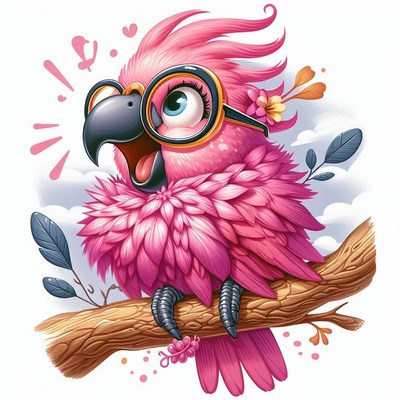 Pink parrot wearing glasses on branch