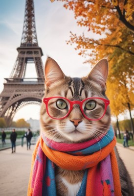 Cat wearing glasses in front of eiffel tower
