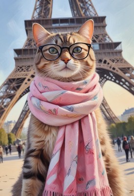 Cat wearing glasses and scarf at the eiffel tower