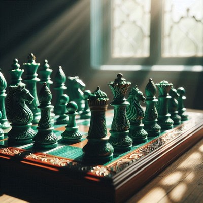 Green chess set on table