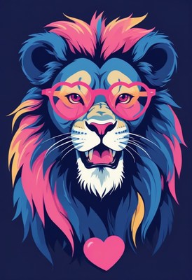 Colorful lion with heart-shaped glasses