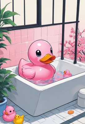 Pink rubber duck in a bathtub