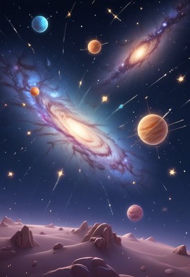 Night sky with planets and shooting stars