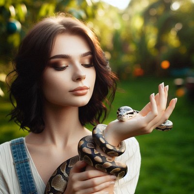 Woman holding snake outdoors