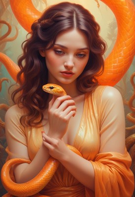 Woman holding snake in orange dress