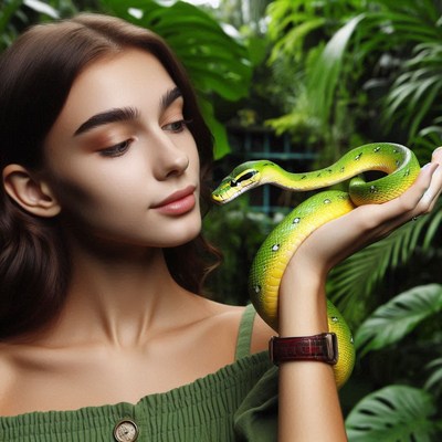 Woman holding green snake in jungle