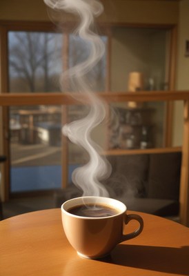 Coffee cup with steam on a table