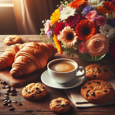 Coffee, croissants, and cookies on a wooden table