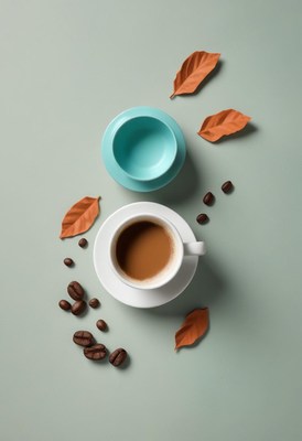Coffee cup with autumn leaves and beans
