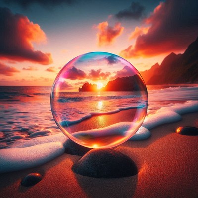 Sunset reflected in bubble on beach