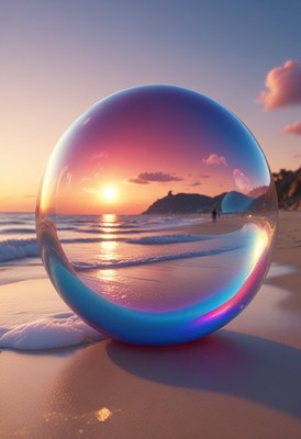 Sunset beach through a bubble