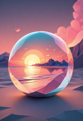 Sunset landscape inside glass sphere
